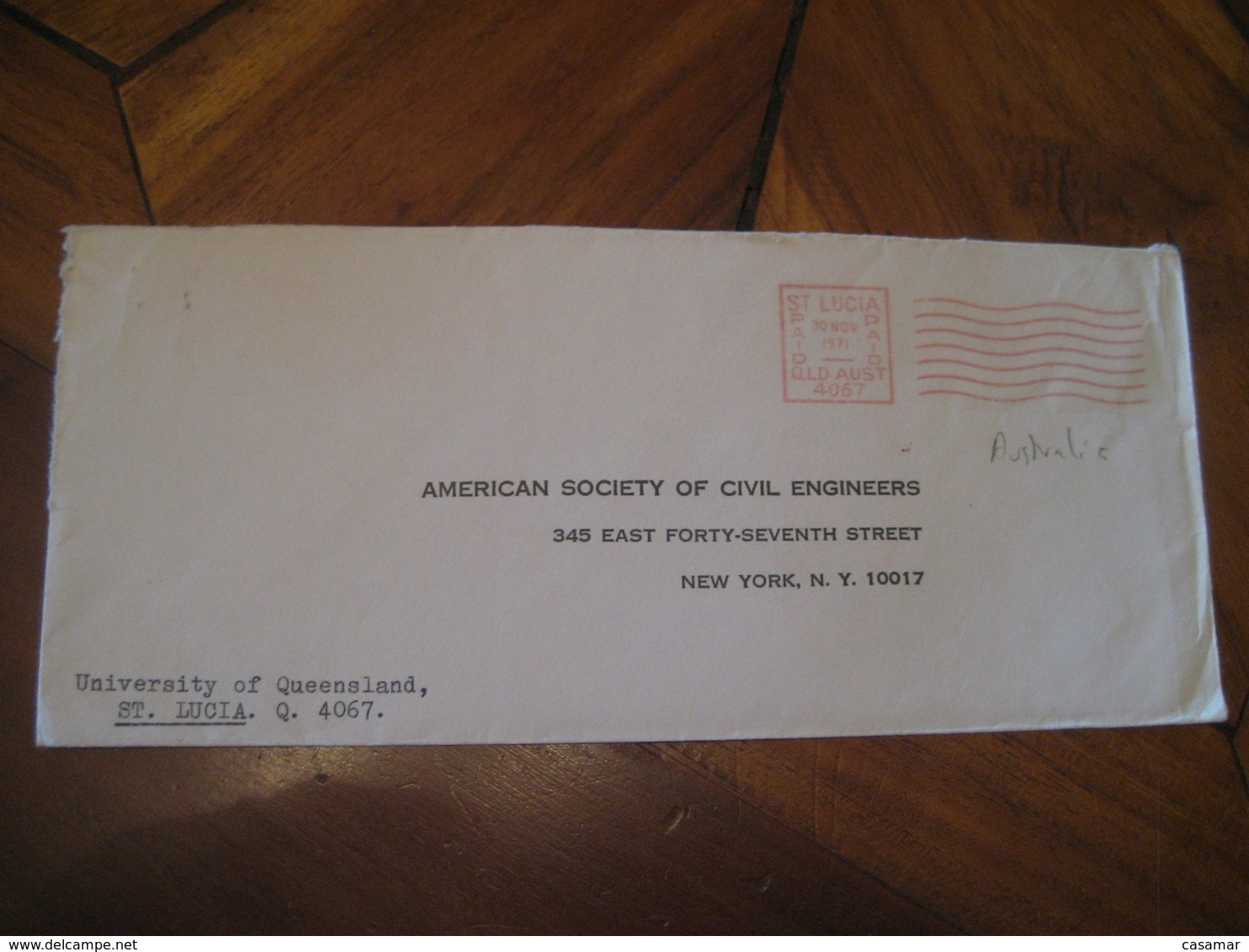 ST. LUCIA University Of Queensland 1971 To New York USA Meter Mail Cancel Postage Paid Cover AUSTRALIA - Covers & Documents