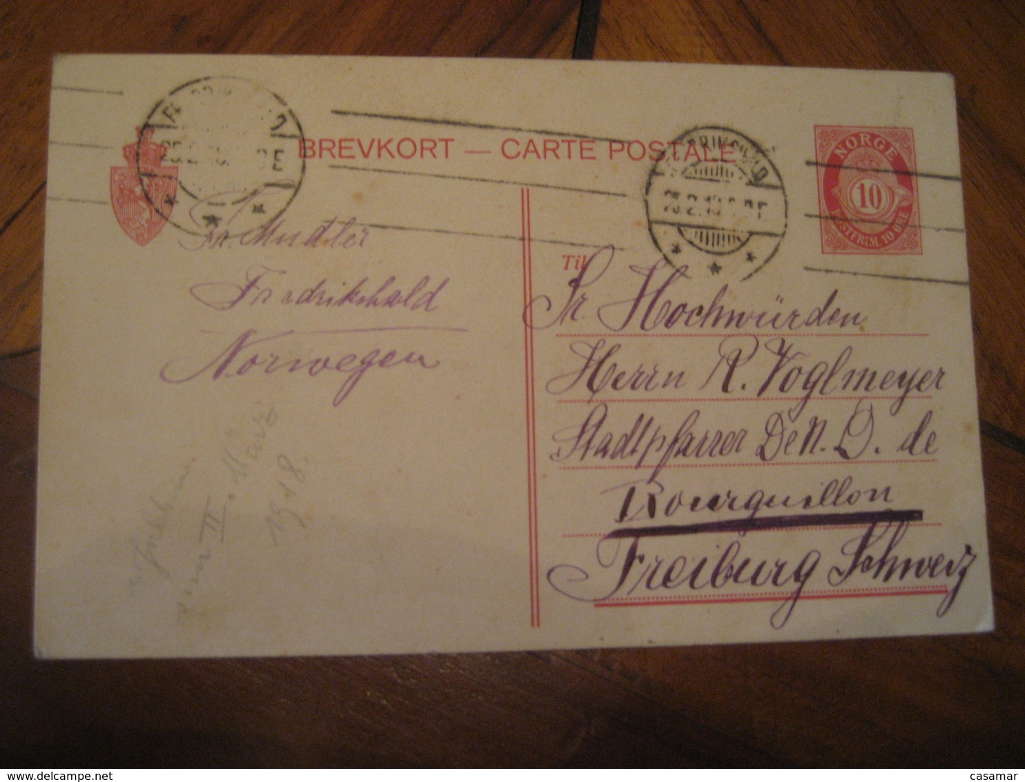 FREDREIKSHALD ? 1918 To Freiburg Switzerland Cancel Postal Stationery Card NORWAY - Lettres & Documents