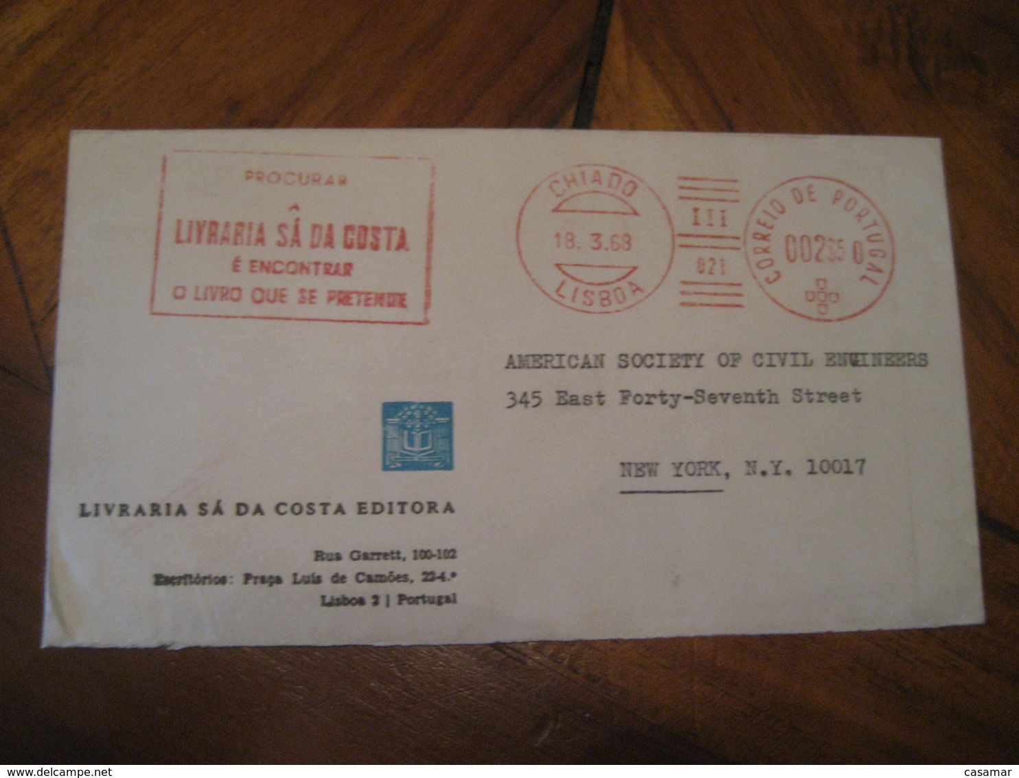 LISBOA 1968 To New York USA Livraria Sa DA Costa Bookshop Meter Mail Cancel Cover PORTUGAL - Lettres & Documents