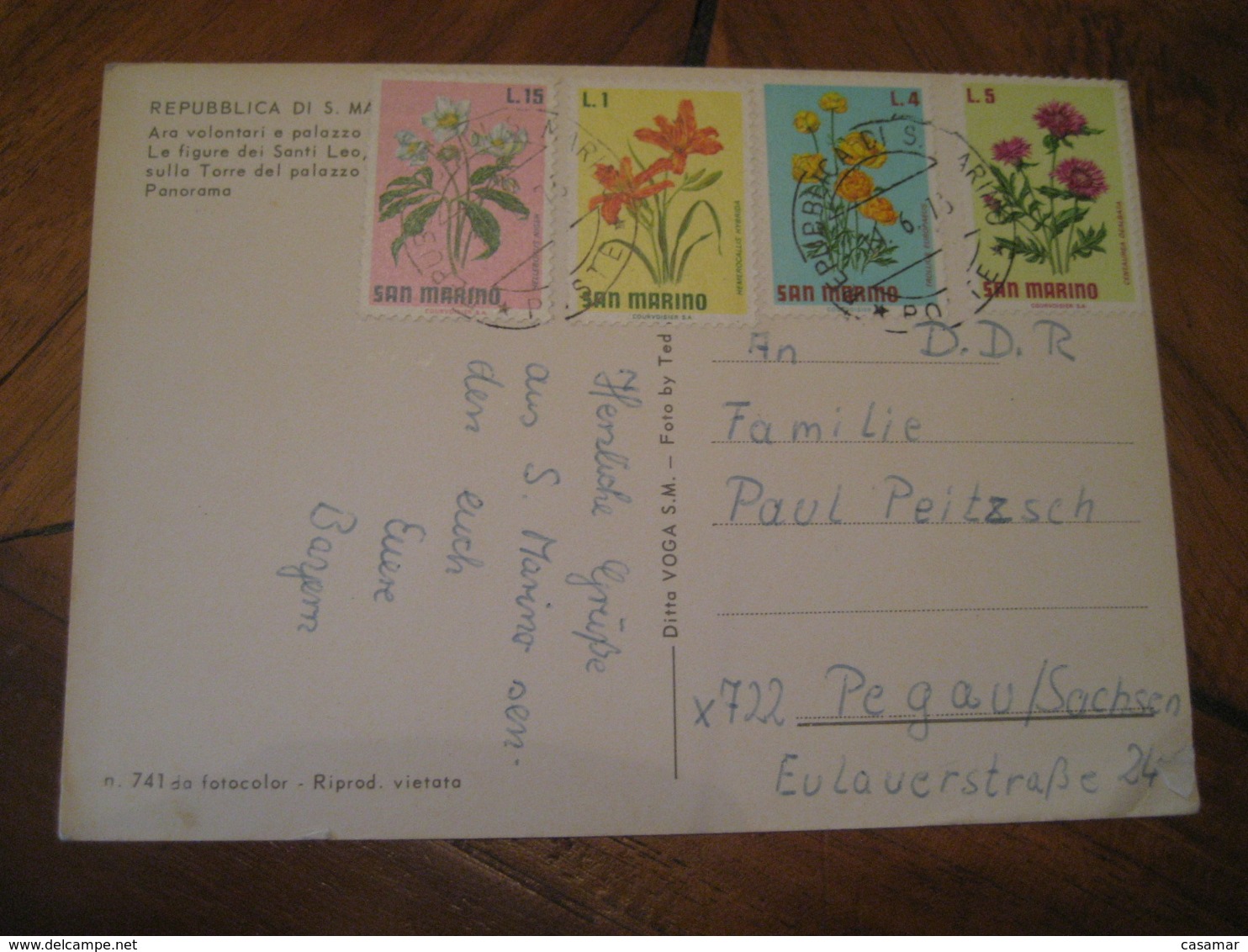 SAN MARINO 197? To Pegau Germany Flora Flower 4 Stamp Cancel Post Card ITALY - Lettres & Documents