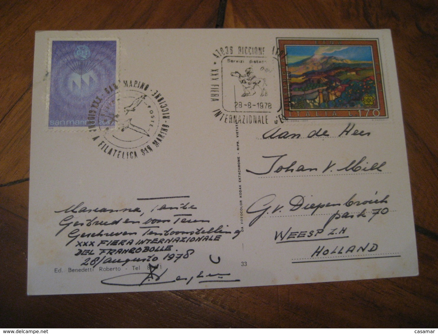 RICCIONE 1978 To Weesp Netherlands Etna Volcano + UIT 2 Stamp Cancel Venice Post Card SAN MARINO Italy - Covers & Documents