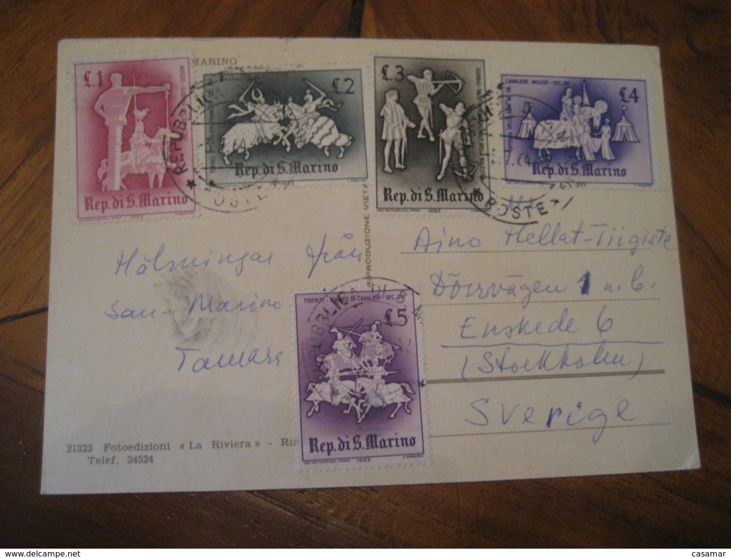 SAN MARINO 1964 To Stockholm Sweden Cavalieri 5 Stamp Cancel Castle Post Card ITALY - Lettres & Documents