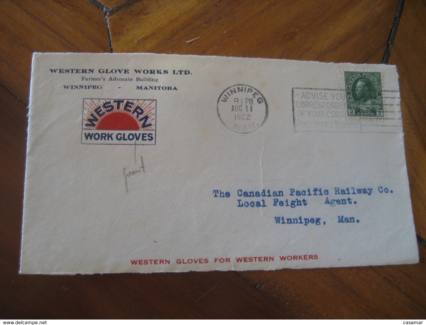 WINNIPEG 1922 Stamp On Cancel Western Work Gloves Frontal Front Cover CANADA - Lettres & Documents