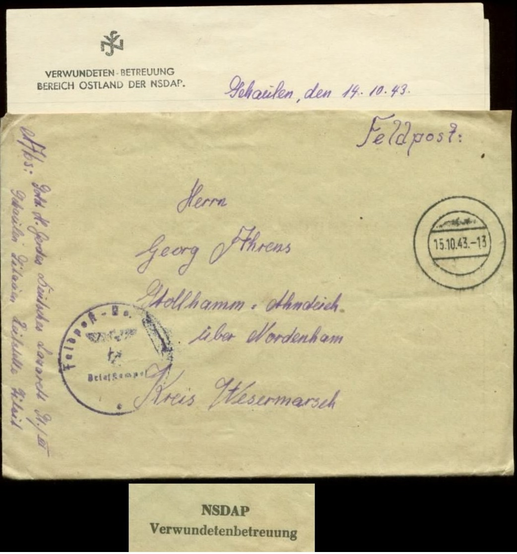 P0462 - DR Feldpost Briefumschlag NSDAP Verwundetenabteilung Ostland: Gebraucht Feldpost Kriegslazarett Schaulen Litau - Lettres & Documents