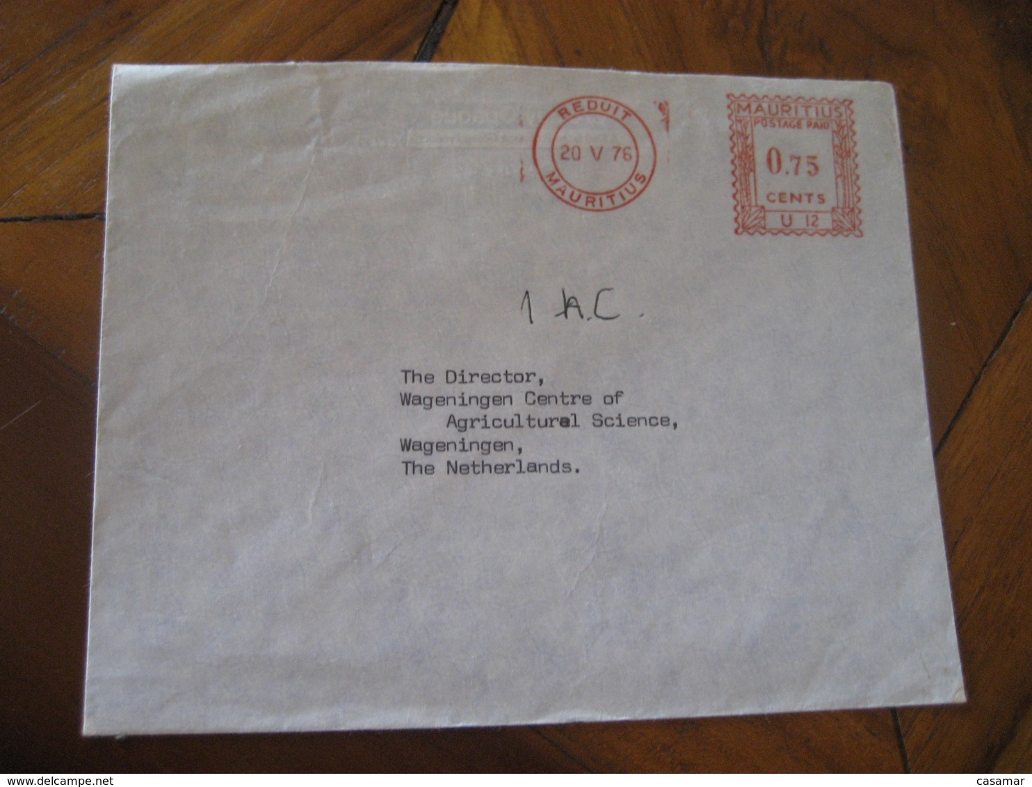 REDUIT Mauritius 1976 To Wageningen Netherlands SUGAR Industry Postage Paid Meter Mail Cancel Cover - Maurice (1968-...)