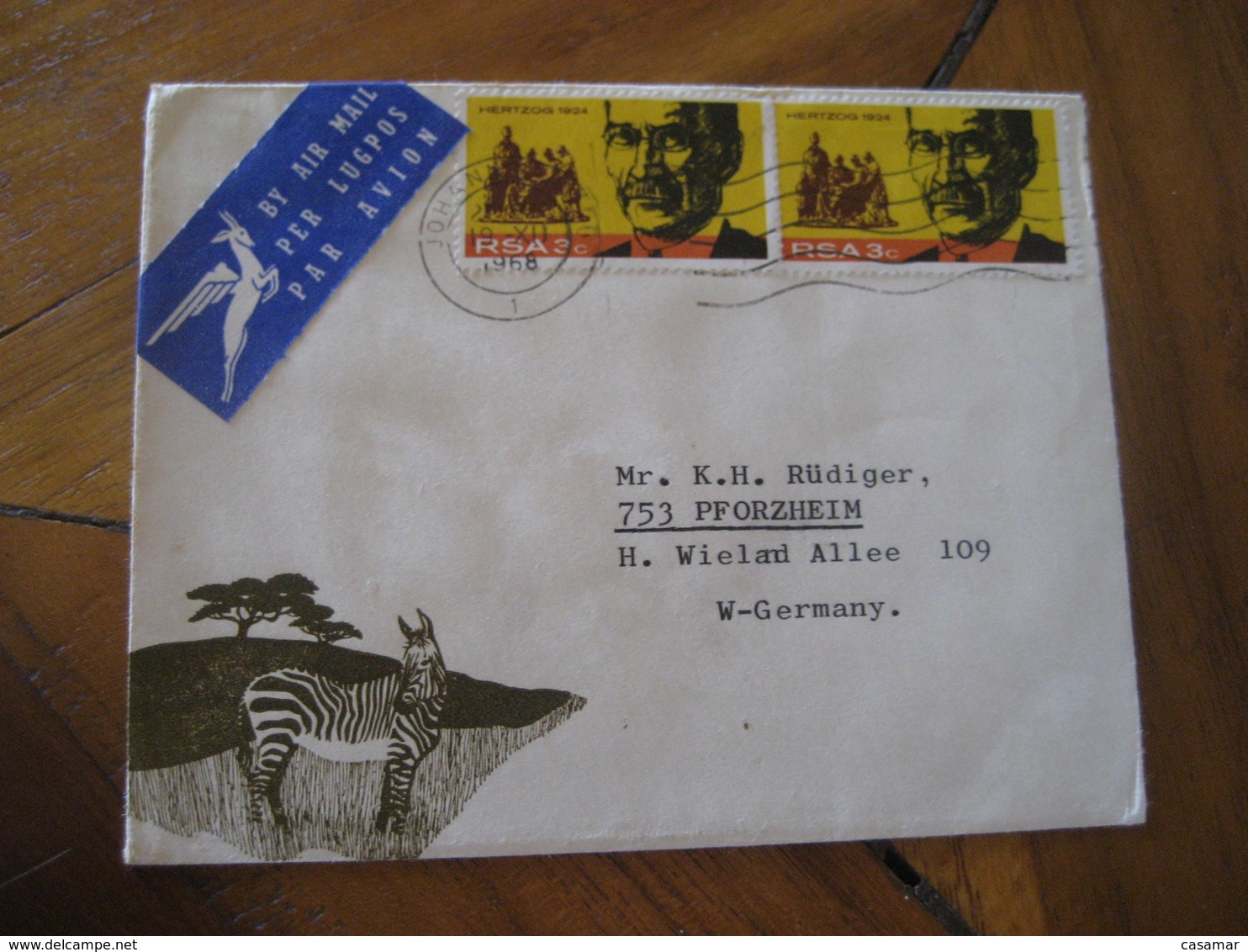 JOHANNESBURG South Africa 1968 To Pforzheim Germany 2 Stamp On Cancel Air Mail Zebra Cover RSA - Lettres & Documents