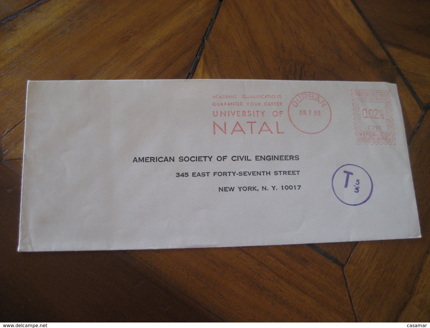 DURBAN South Africa 1968 To New York USA Tax Taxed University Meter Mail Postage Paid Cancel Cover RSA - Lettres & Documents