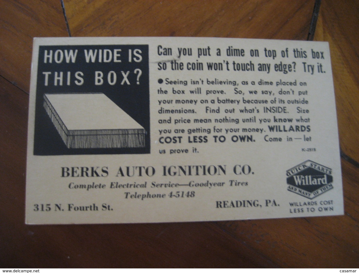 WILLARD Batteries Berks Auto GOODYEAR Tires READING 1936 Electricity Physics Advertising Postal Stationery Card USA 9aa - 1921-40