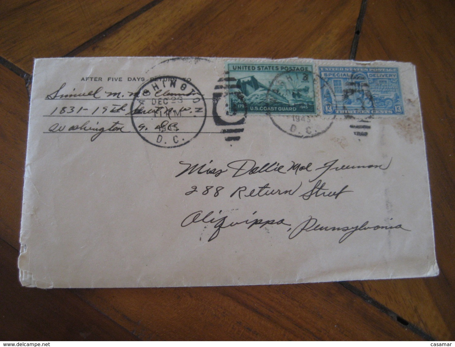 WASHINGTON 1945 To Pennsylvania Special Delivery Bicycle Cycle Moto Motorcycle Stamp On Cancel Cover USA - Espressi & Raccomandate