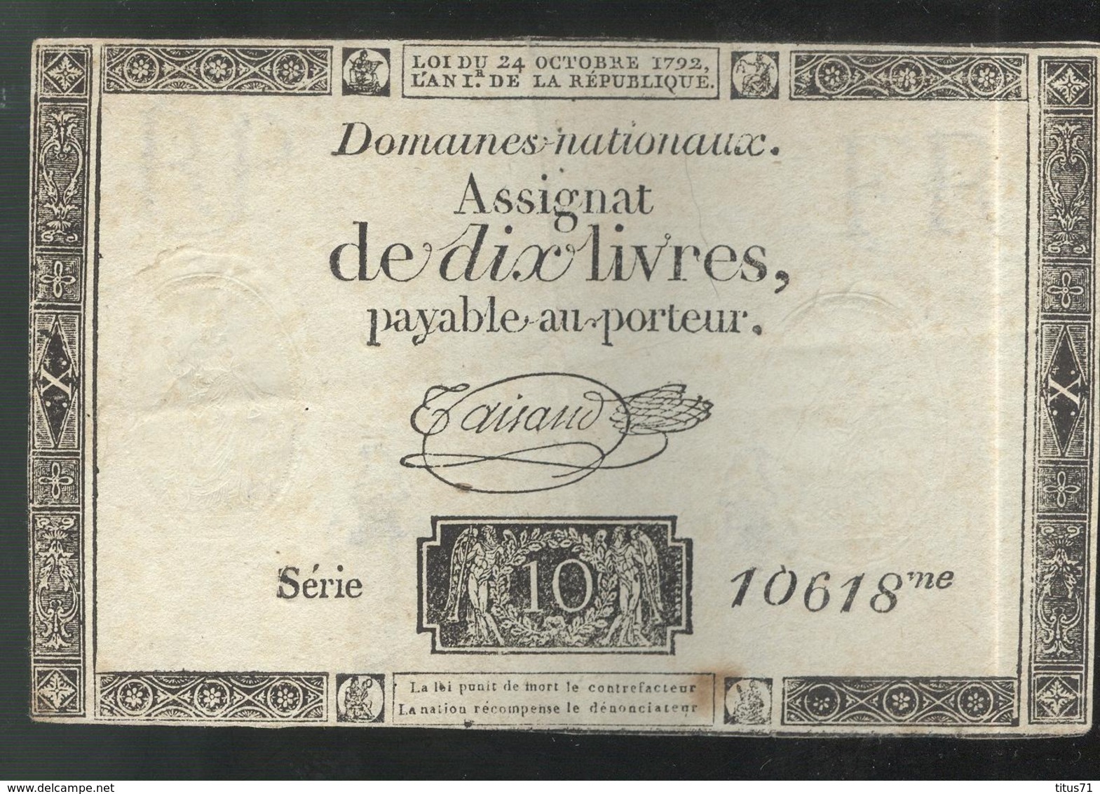 Assignat De Dix Livres / 10 Livres - Créé Le 24 Octobre 1792 - Série 10618 - Assignate