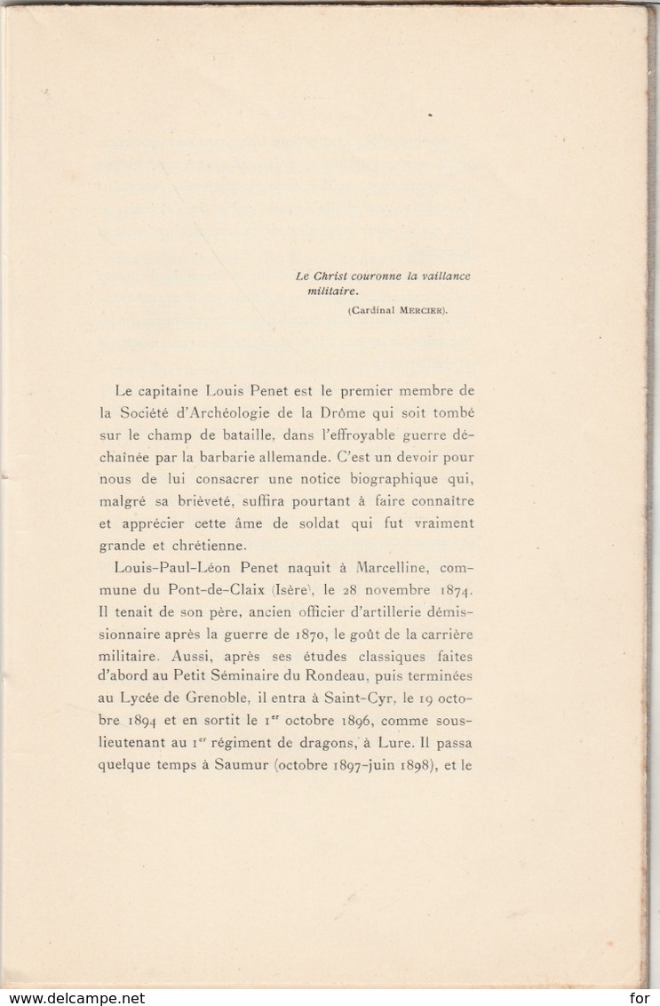 Notice Sur : LOUIS PENET : Capitaine - Commandant Au 4é Chasseurs D'afrique ( Tué Le 19 Aout 1914 ) Imp. Valence 1915 - Français