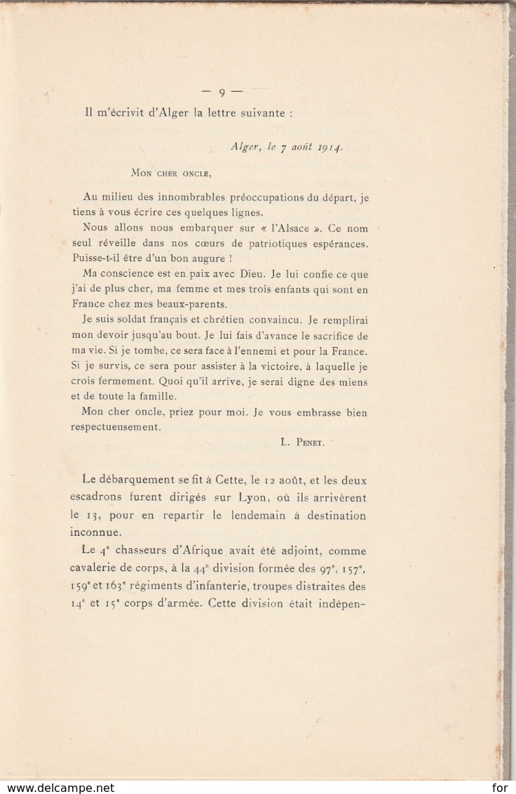 Notice Sur : LOUIS PENET : Capitaine - Commandant Au 4é Chasseurs D'afrique ( Tué Le 19 Aout 1914 ) Imp. Valence 1915 - Français