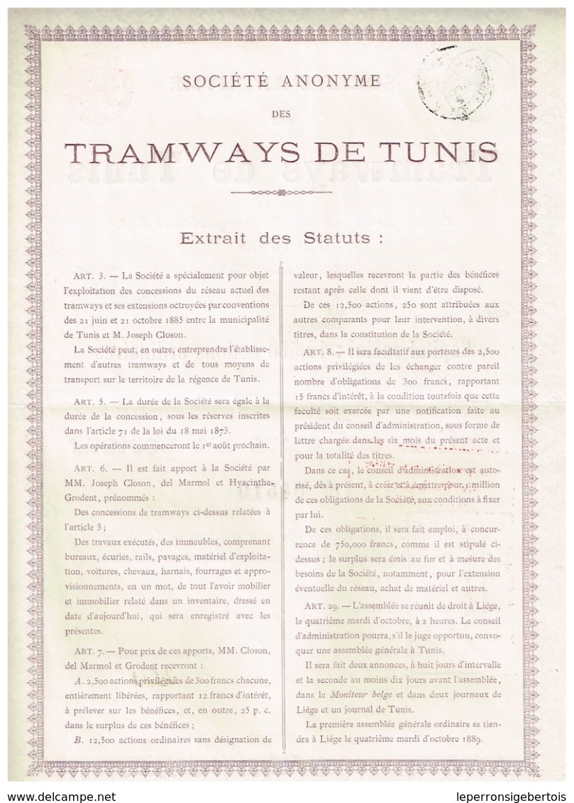 Titre Ancien - Société Anonyme Des Tramways De Tunis - Titre De 1888 - Chemin De Fer & Tramway