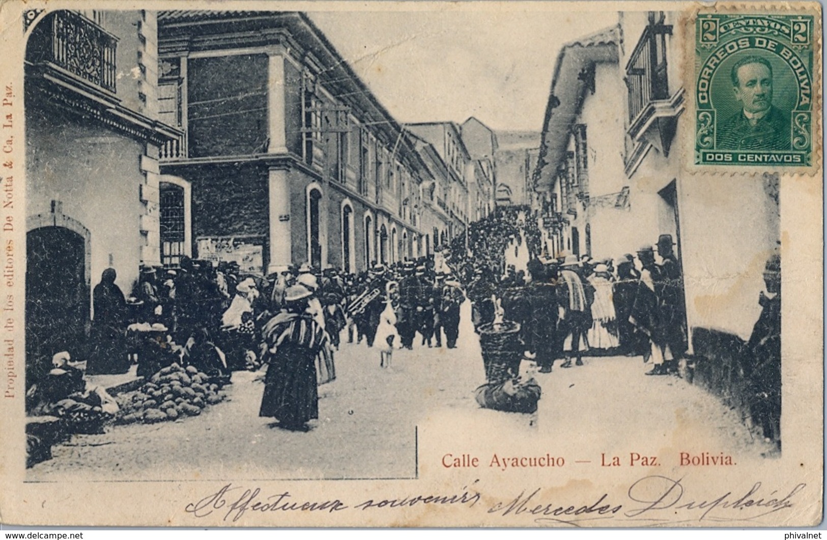 1904 BOLIVIA , TARJETA POSTAL  CIRCULADA , CALLE AYACUCHO - LA PAZ - Bolivia