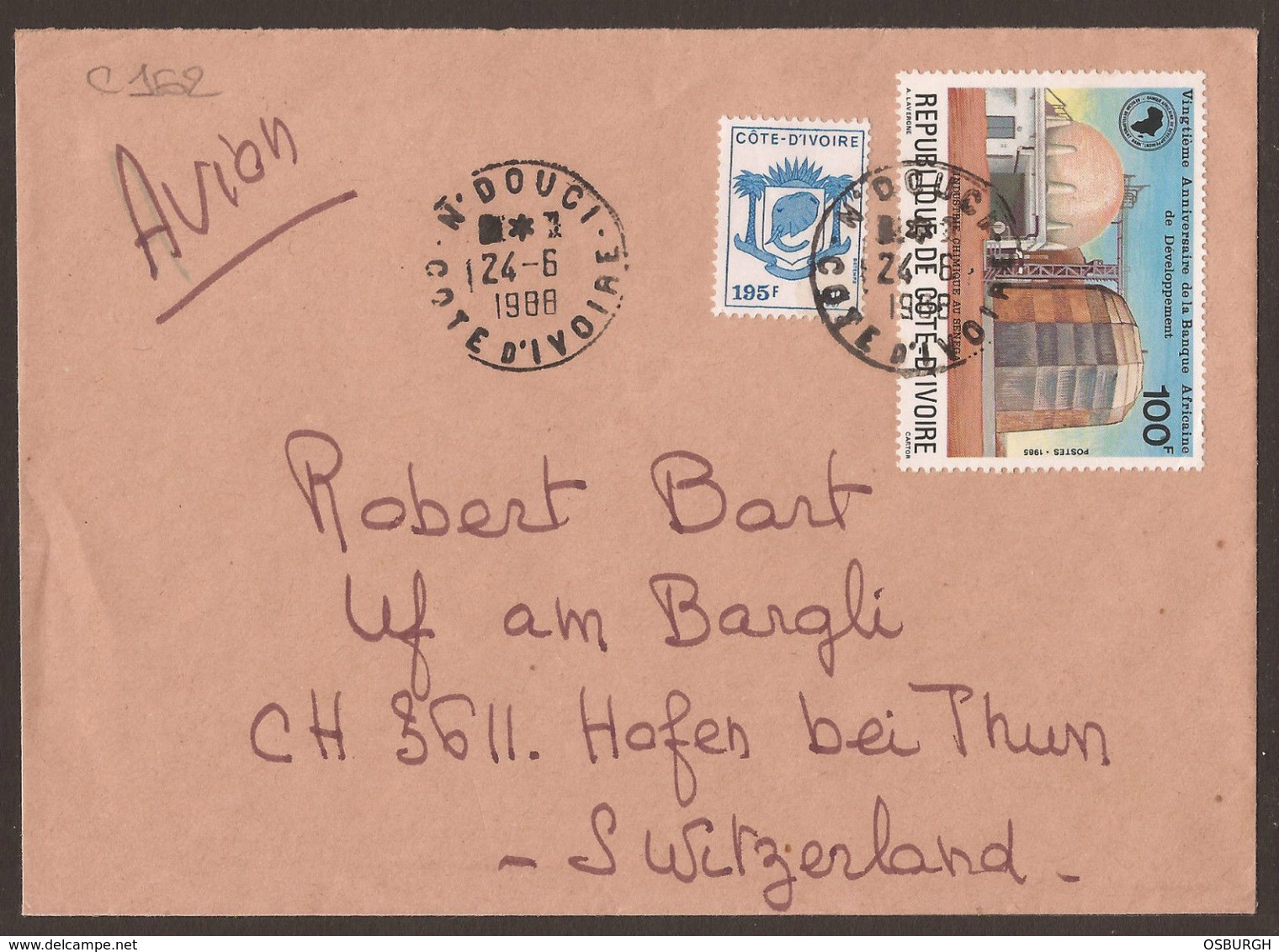 IVORY COAST / AFRICA. 1988. AIR MAIL COVER TO SWITZERLAND. N'DOUCI CANCEL. - Ivory Coast (1960-...)