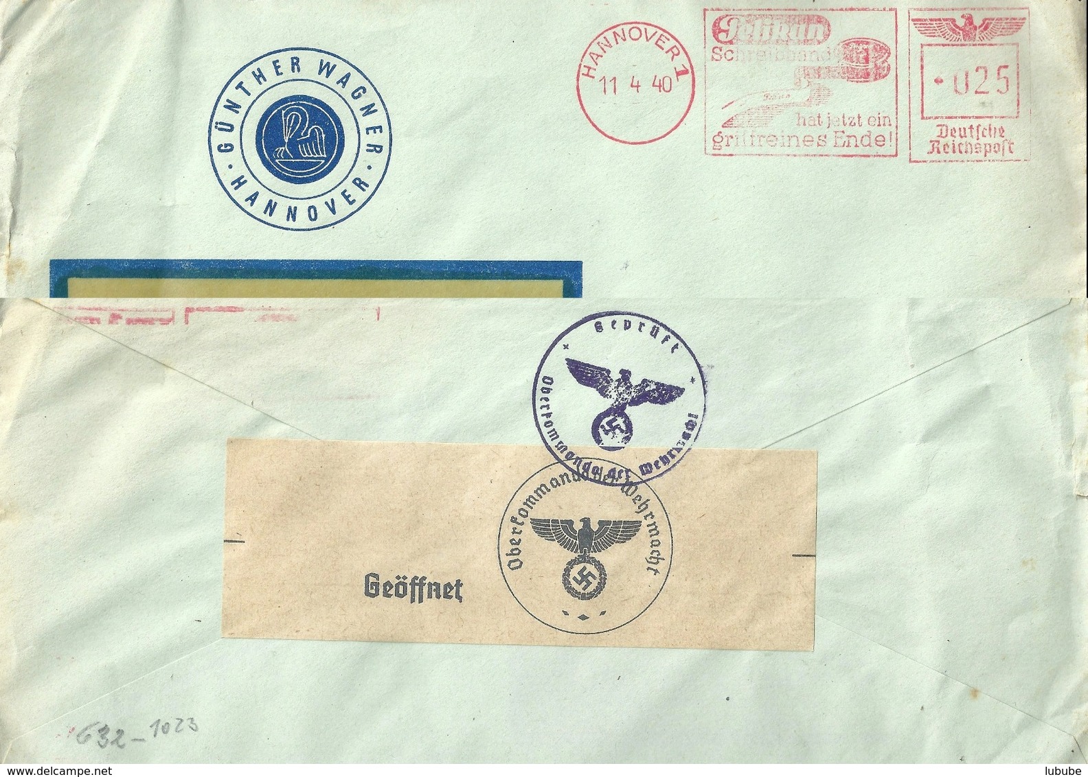 Zensur Brief  "Pelikan Schreibband, Hannover"  (Freistempel)          1940 - Covers & Documents