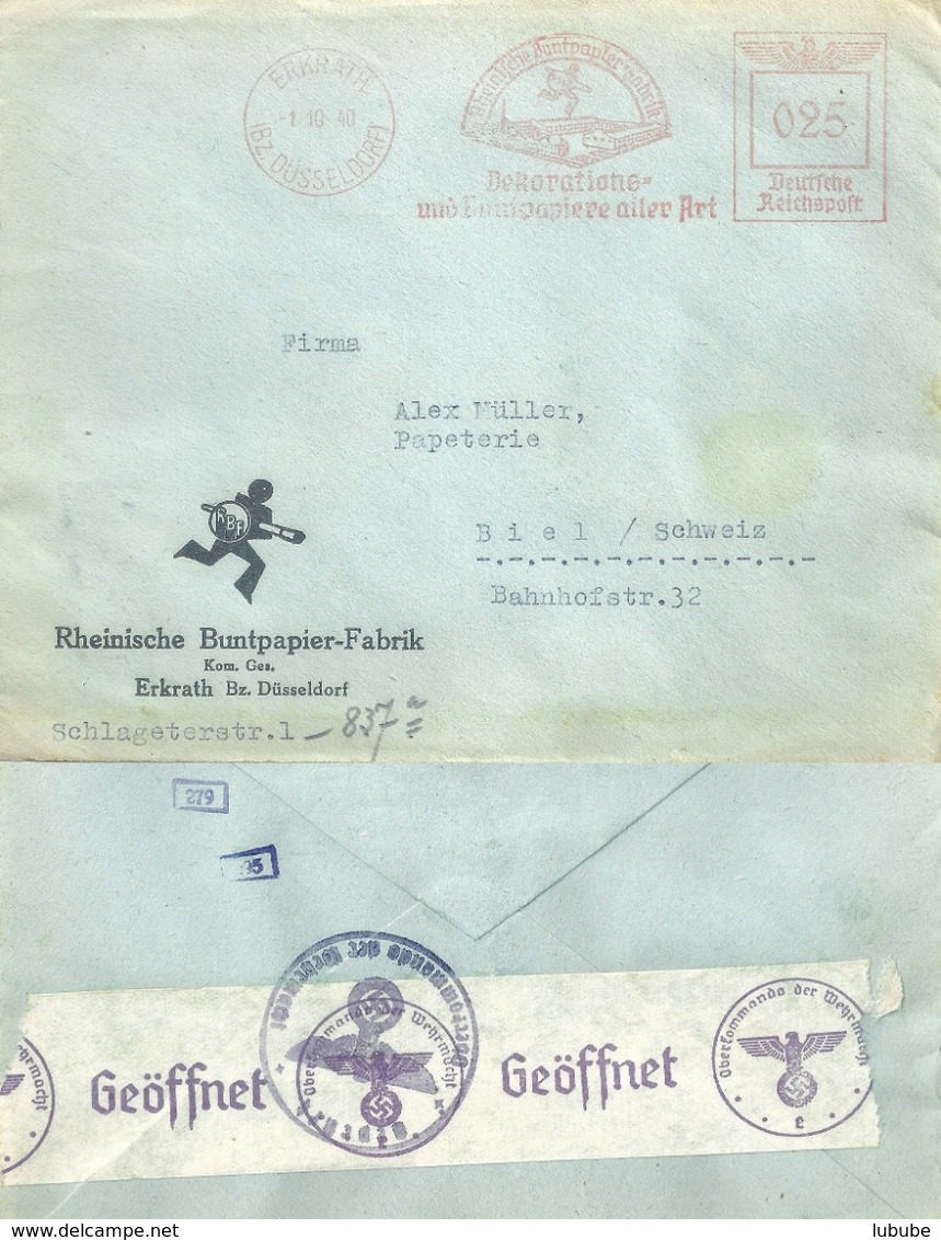 Zensur Brief  "Rheinische Buntpapier Fabrik, Erkrath"  (Freistempel)          1940 - Covers & Documents