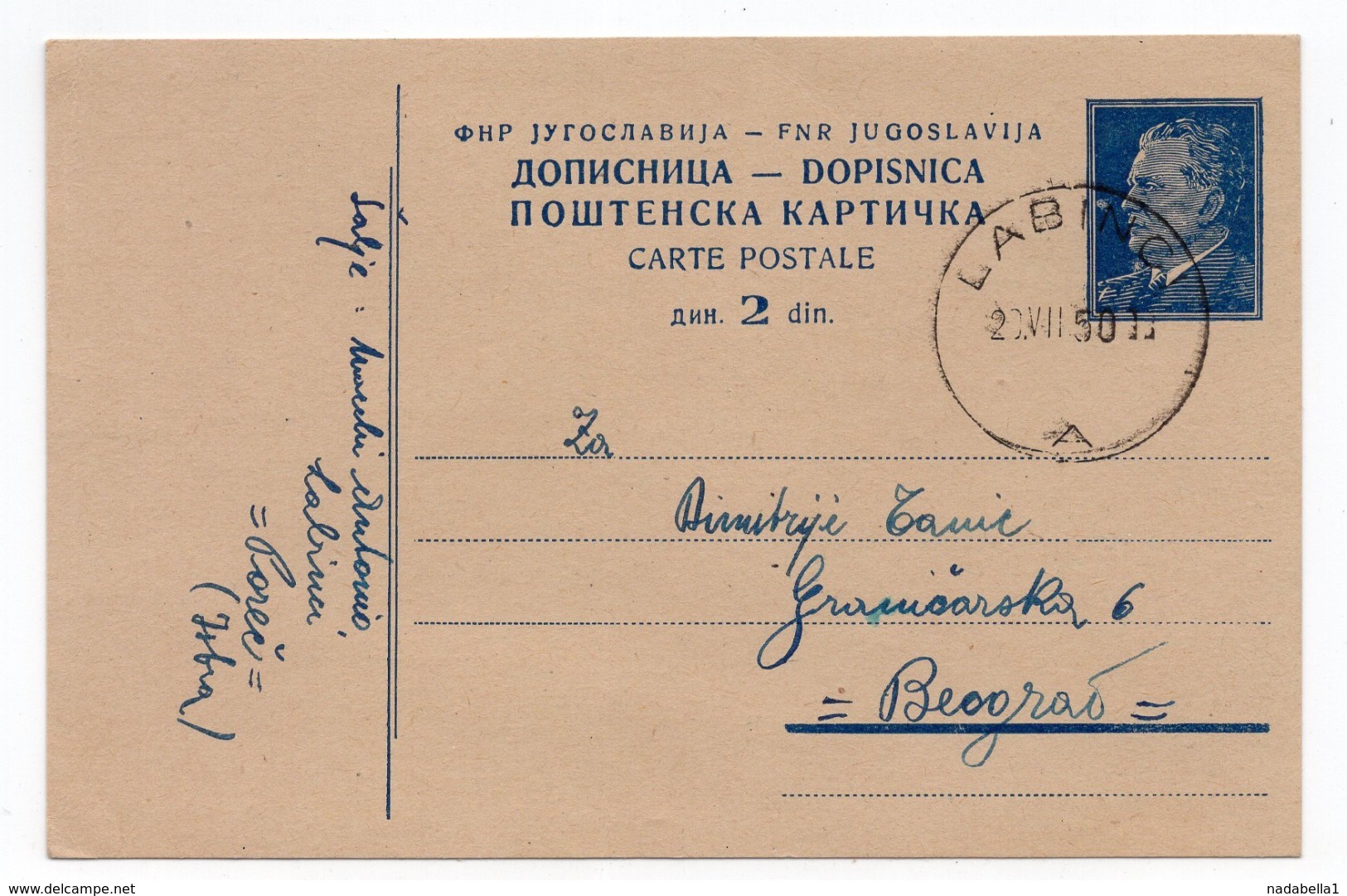 1950 YUGOSLAVIA, CROATIA, POREC, LABINCI TO BELGRADE, TITO, USED STATIONERY CARD - Postal Stationery