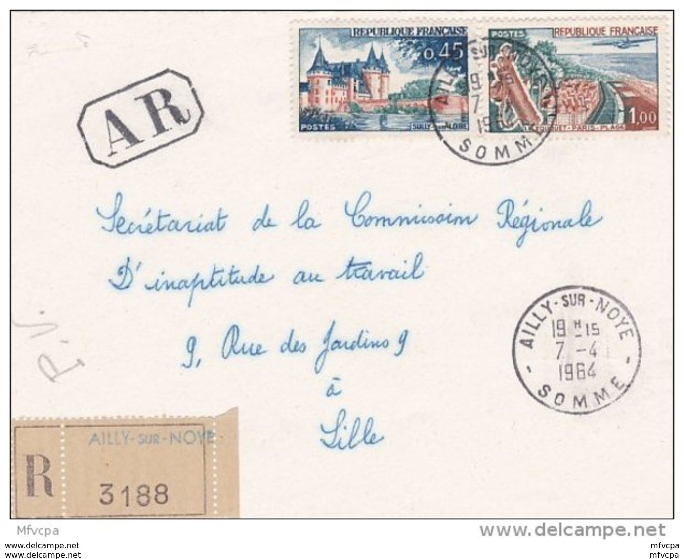 L4C374 France 1964 Devant LAR Ailly Sur Noye Somme Pour Lille Aff  Le Touquet 1,00f Sully Sur Loire 0,45f Obl Cad Ailly - Lettres & Documents