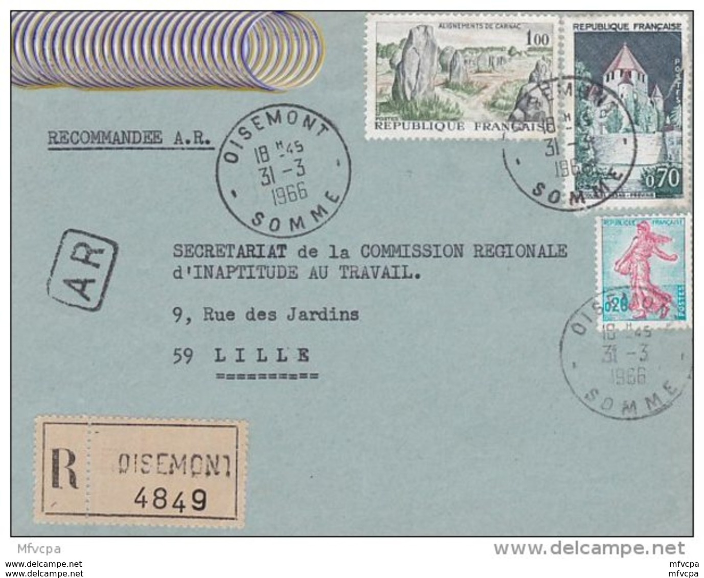 L4C395 France 1966 Devant LAR Oisemont Somme  Pour Lille Aff 1,00f Carnac 0,70f St Flour 0,20 Semeuse Obl Cad - Lettres & Documents