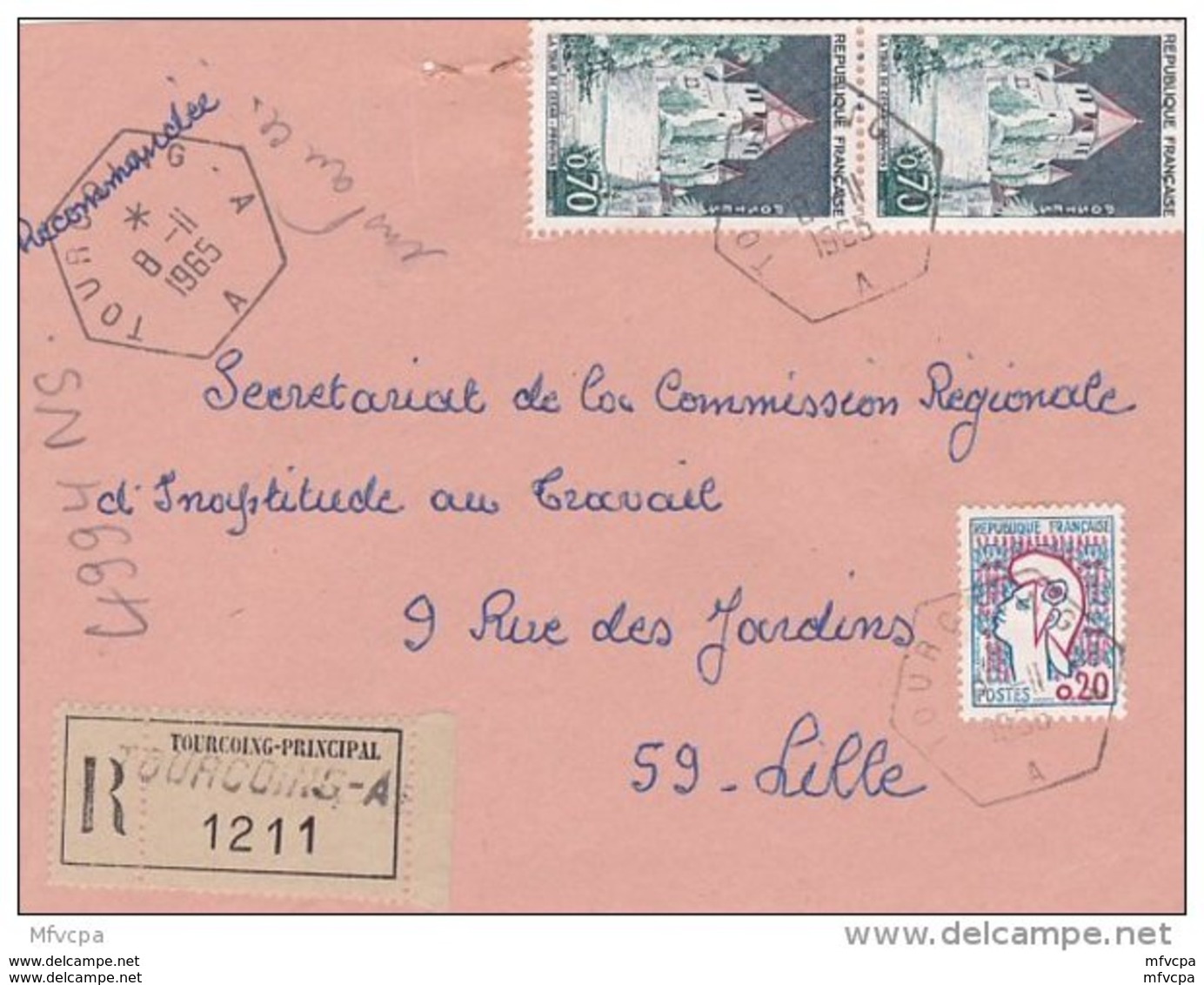 L4C410 France 1965 Devant LR Tourcoing Nord Pour Lille Aff 1,60f Obl Cad Hexagonal Recette Auxilliaire Urbaine - Cachets Manuels