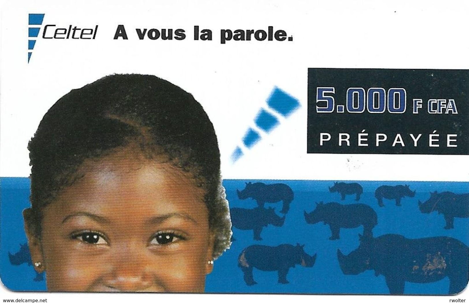 @+ CONGO Brazzaville - Celtel - Fillette Et Rhinoceros - 09/2001 - Kongo