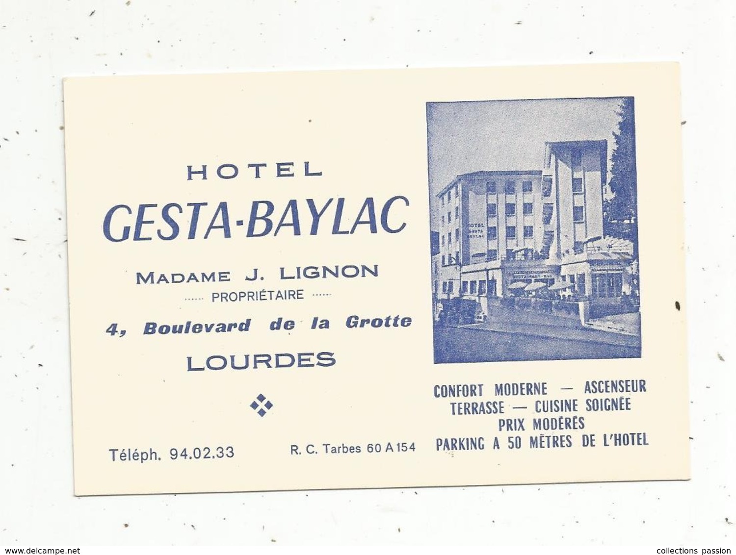 Carte De Visite ,  HOTEL GESTA-BAYLAC , 65 ,  LOURDES - Visitenkarten