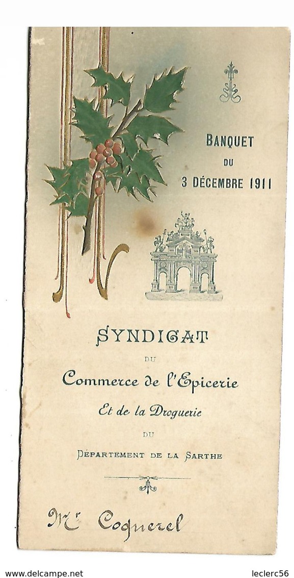 72 LE MANS 2 MENUS 1911 AVEC PROGRAMME DE CONCERT FETE DU COMMERCE EPICERIE DROGUERIE DESSINS DE LAUTREUIL 5 SCANS - Menus