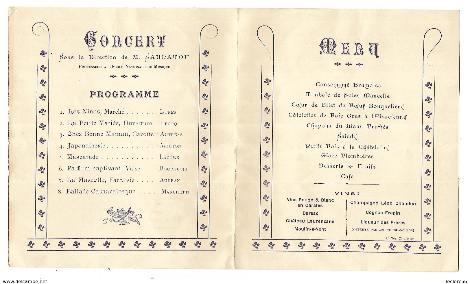 72 LE MANS 2 MENUS 1911 AVEC PROGRAMME DE CONCERT FETE DU COMMERCE EPICERIE DROGUERIE DESSINS DE LAUTREUIL 5 SCANS - Menus