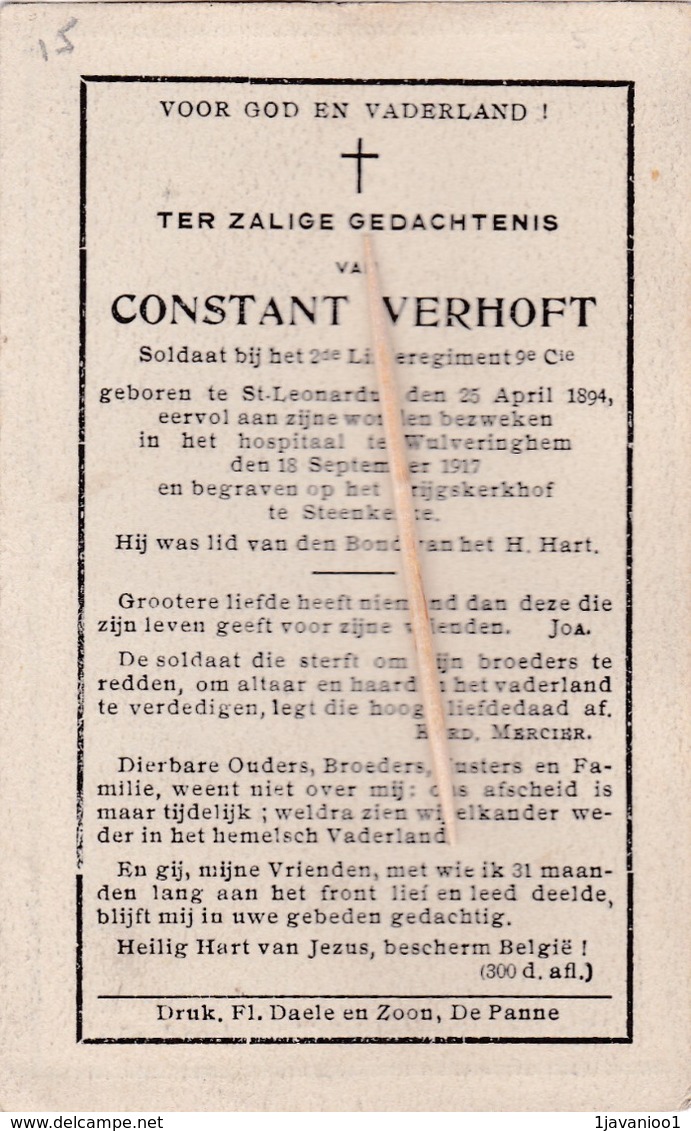 Oorlogsslachtoffer, 1917, Soldaat, Constant Verhoft, Sint-Leonardus, Wulveringhem, Wulveringem, Steenkerke - Andachtsbilder