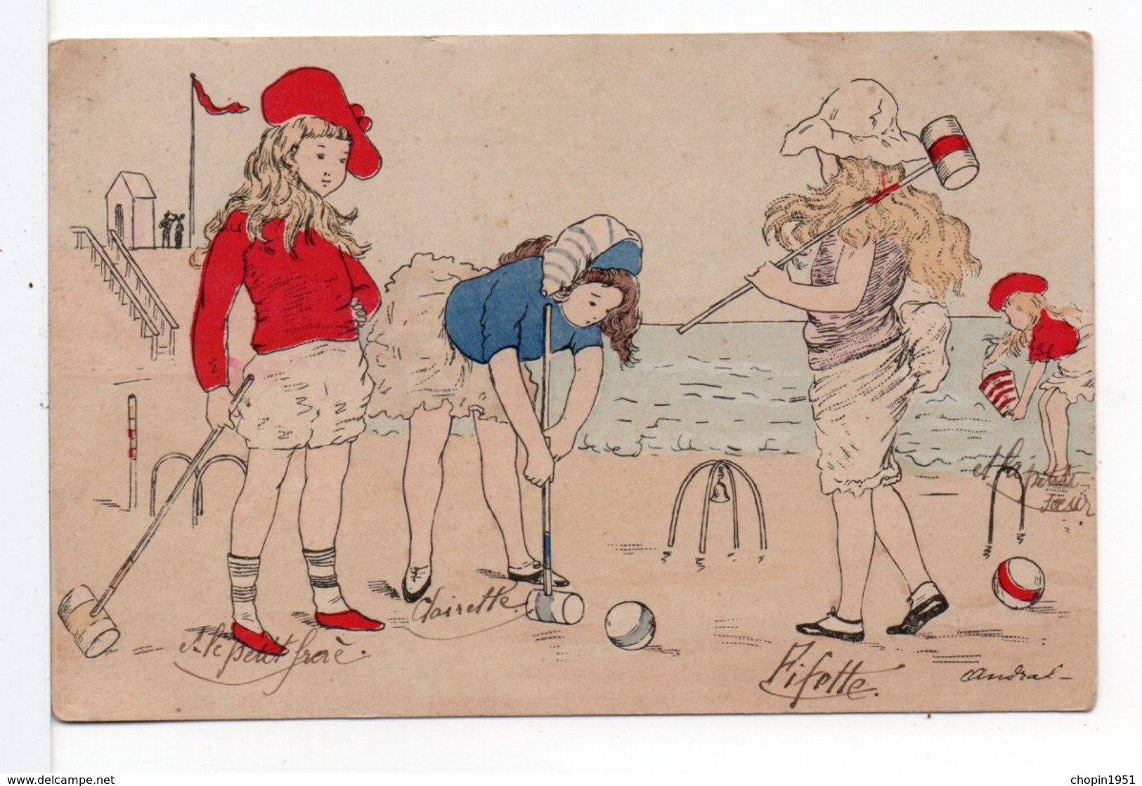 CPA - FILLETTES A LA PLAGE - JEU DE CROQUET - Other & Unclassified