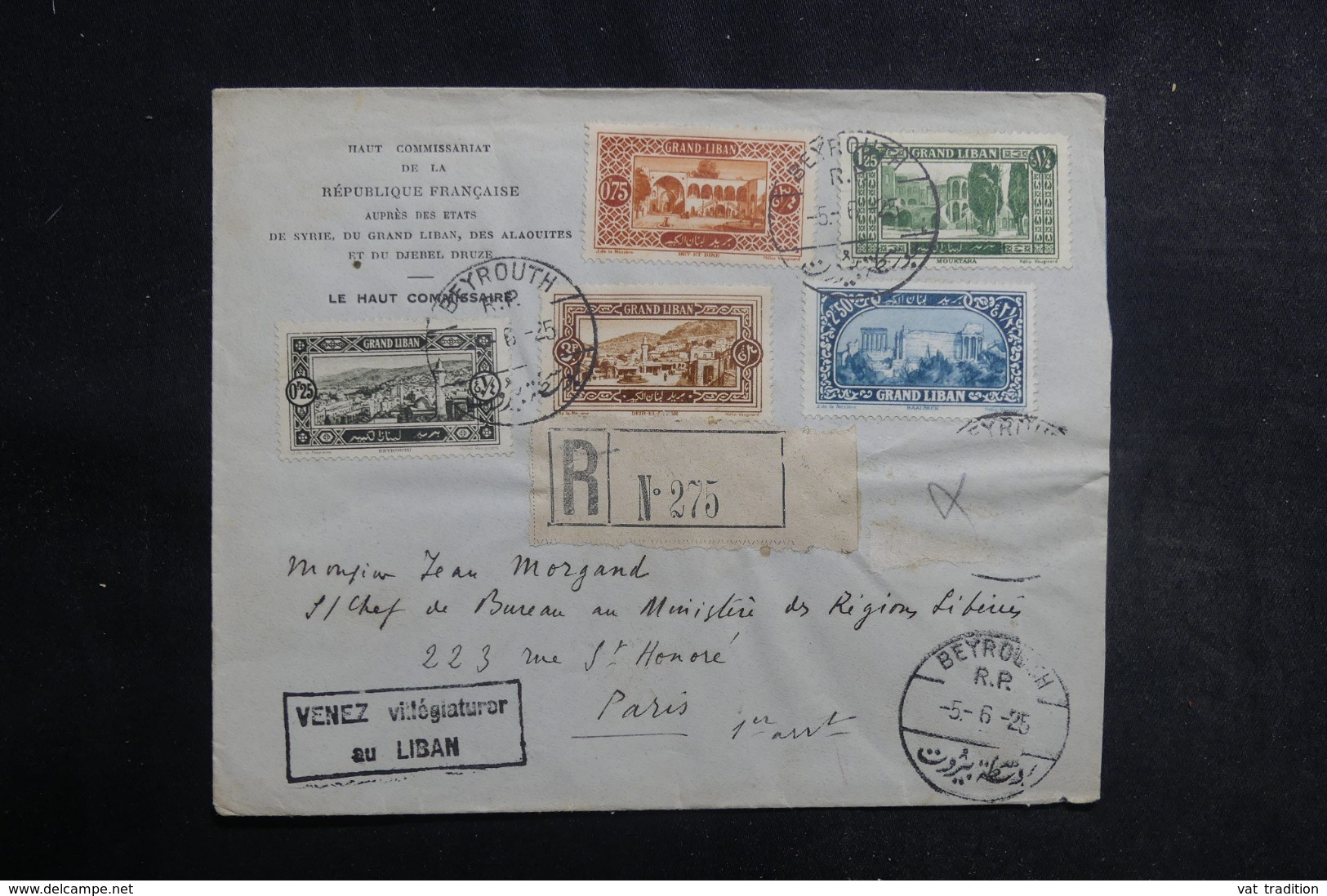 LIBAN - Enveloppe Du Gouvernement En Recommandé De Beyrouth Pour Paris En 1925, Affranchissement Plaisant - L 42162 - Lettres & Documents