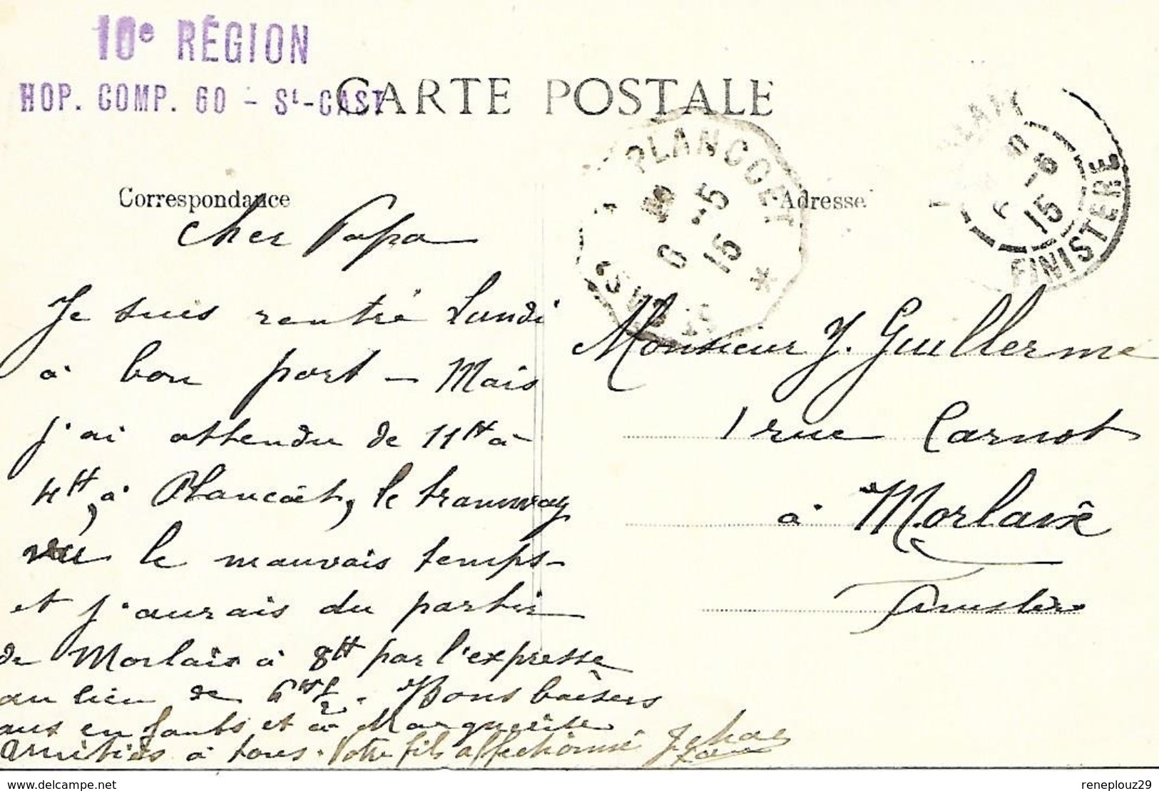 22-cachet Hôpital Comp. N°60 De St Cast Sur Belle CP De 1915-cachet Répété Au Verso - Guerre De 1914-18