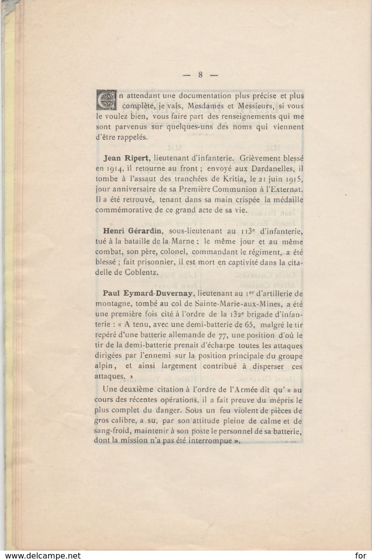 Discours Prononcé à L'externat Notre-dame De Grenoble - Avec Liste Des éléves Tombés Au Champ D'honneur - Guerre 1914-18 - Français