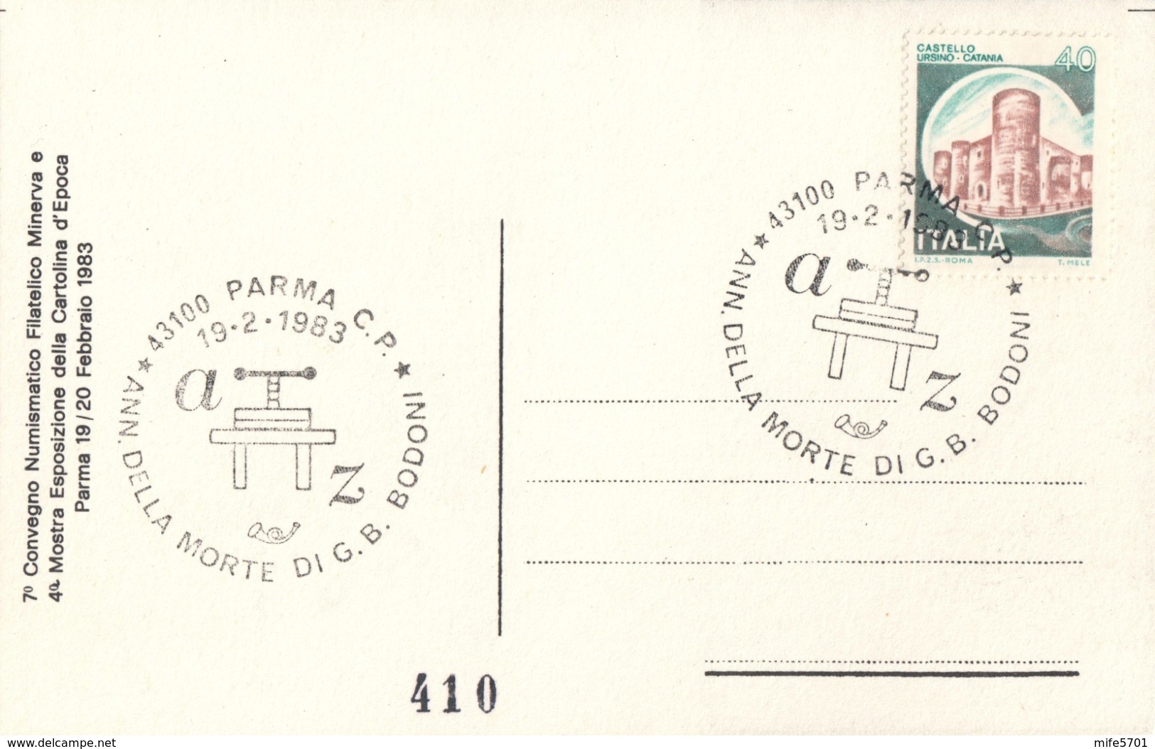 CARTOLINA RICORDO ANNIVERSARIO MORTE GIAN BATTISTA BODONI (1740 - 1813) 19.2.1983 INCISORE TIPOGRAFO - PARMA ITALIA - 1981-90: Poststempel