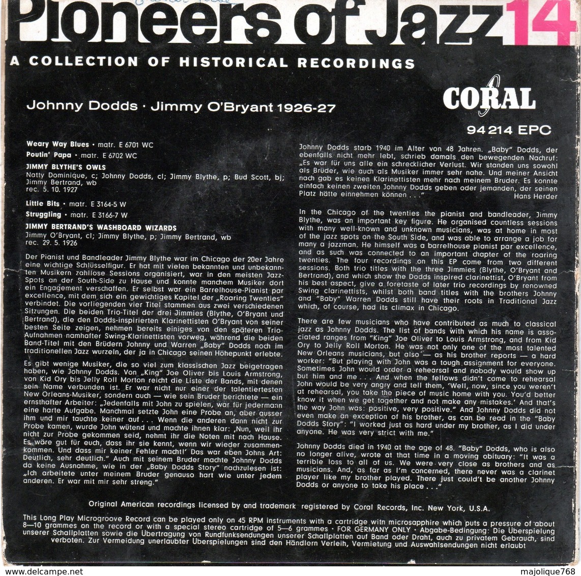 Pioneers Of Jazz 14 - Johnny Dodds/Jimmy O'Bryant 1926-27 - Coral 94214 - 1960 - Jazz