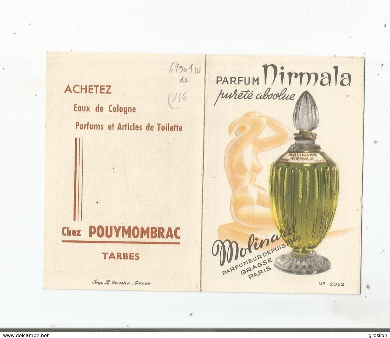 PARFUM NIRMALA PURETE ABSOLUE DE MOLINARD GRASSE PARAIS CARTE PARFUMEE CALENDRIER ANCEINNE 1958 - Anciennes (jusque 1960)