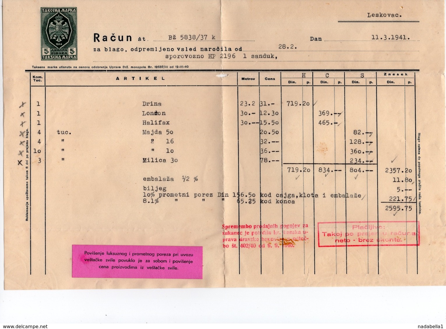 11.03.1941 YUGOSLAVIA, SLOVENIA, MARIBOR, J HUTTER IN DRAG, TREAD MAKING INVOICE ON A LETTERHEAD, 5 DIN REVENUE  STAMP - Other & Unclassified