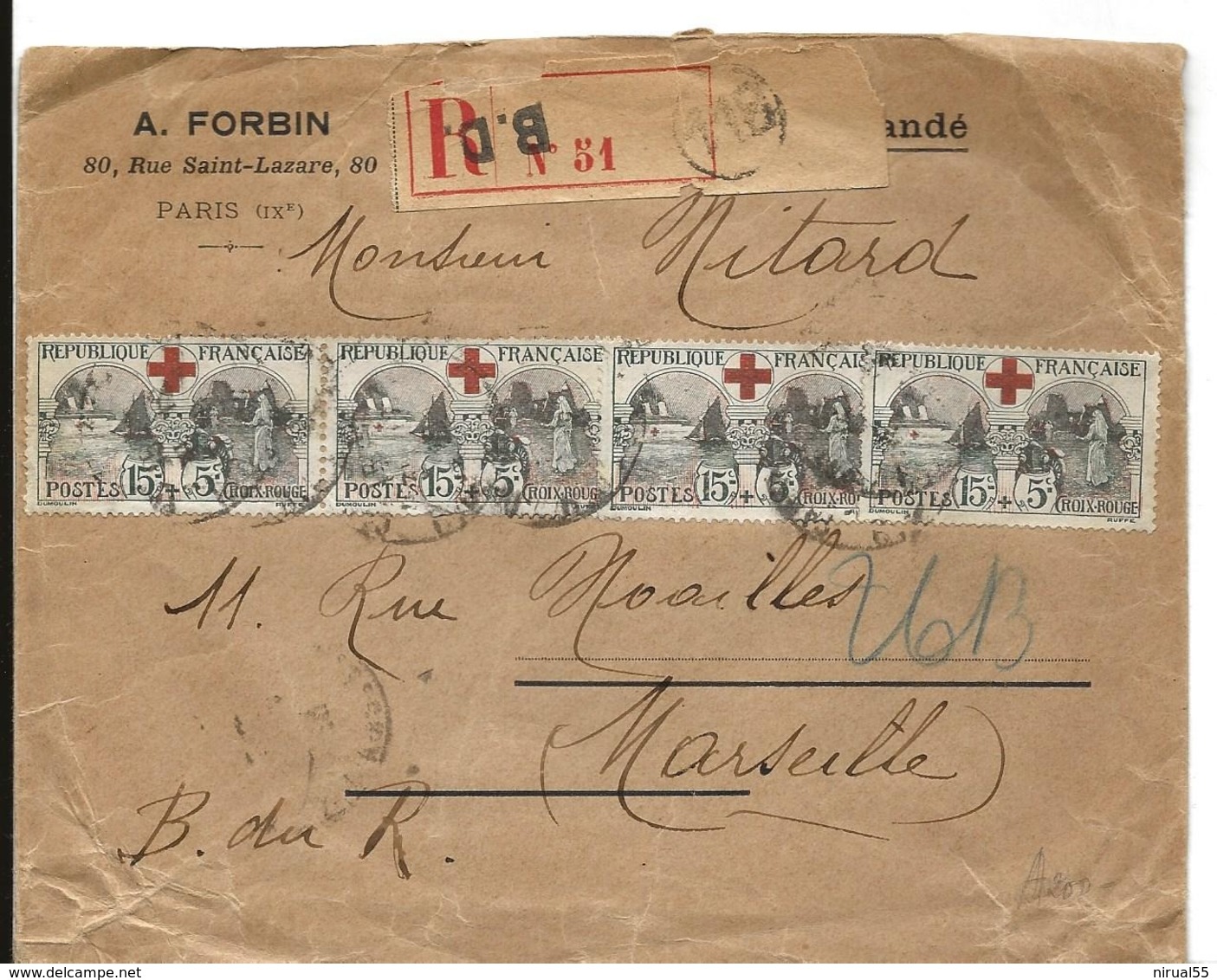 N° 156 Série ORPHELINS / CROIX ROUGE 4 Timbres Sur Env. Recommandée Paris Pour Marseille Cote + 360 E...G - Croix Rouge