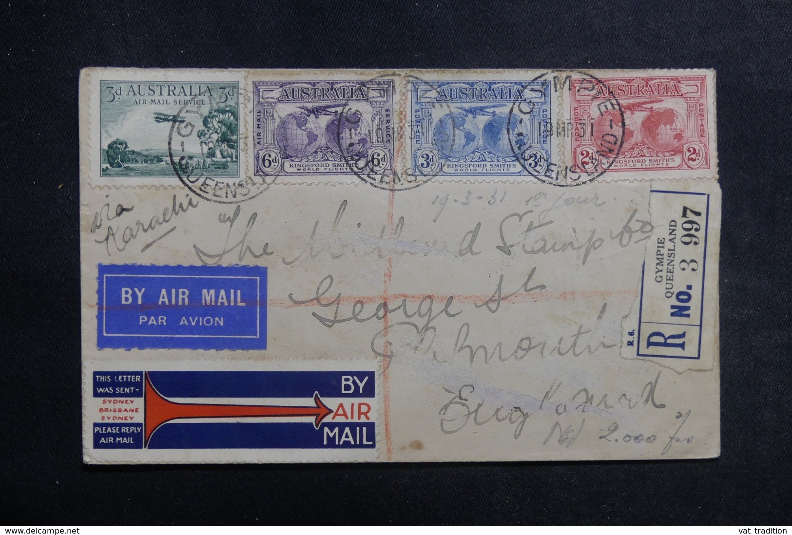 AUSTRALIE - Enveloppe En Recommandé De Gympie Pour Le Royaume Uni En 1931 Par Avion Via Karachi - L 42221 - Brieven En Documenten
