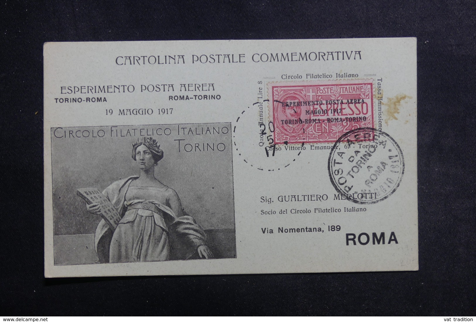 ITALIE - Carte 1er Vol Italien Par Avion En 1917 - Vol Turino / Roma , Affranchissement Plaisant ( P.A.1 ) - L 42222 - Marcophilie (Avions)