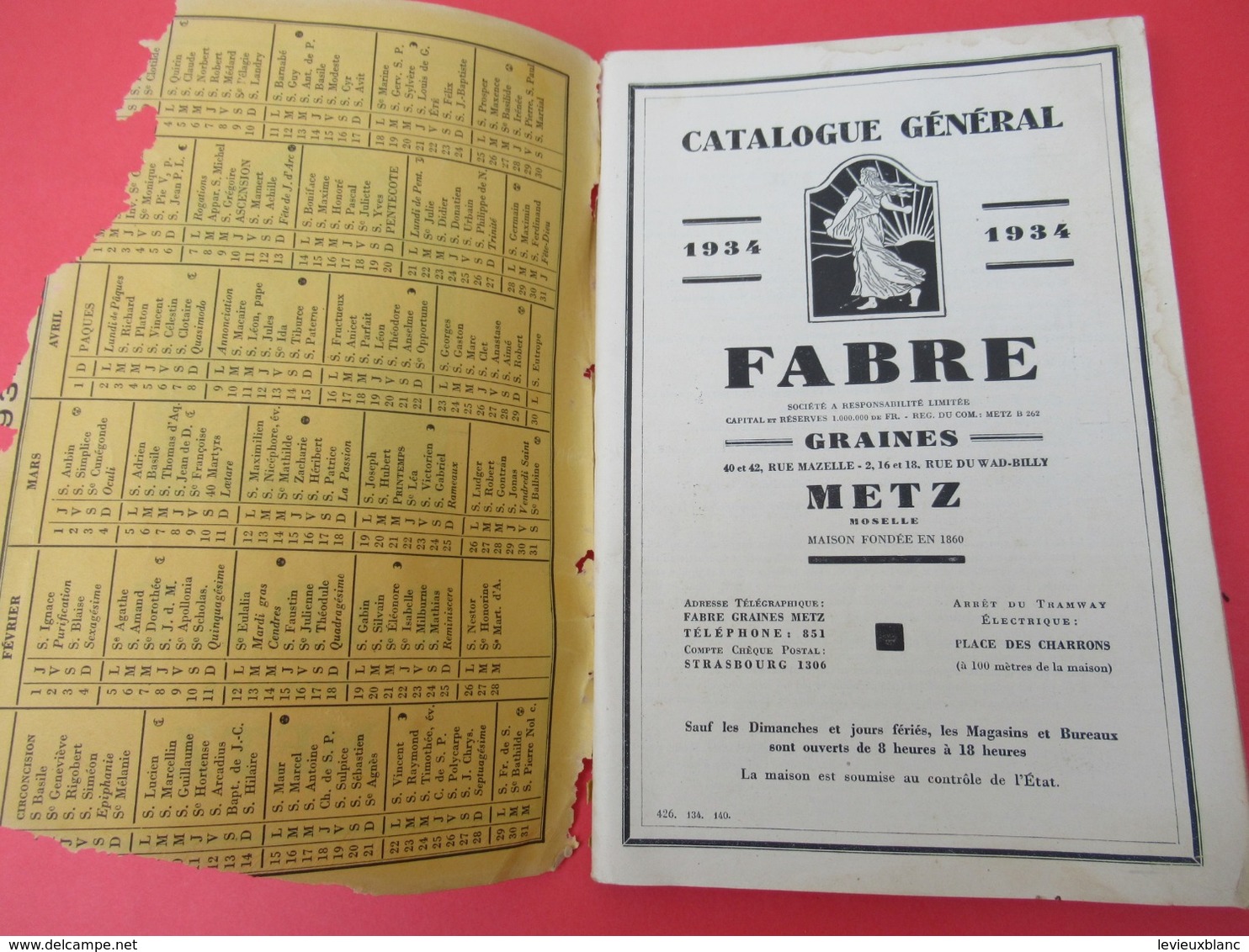 Catalogue Général/ FABRE/ Grainetier/Rue Mazelle/  METZ/ Moselle// 1934                             CAT250 - Garden