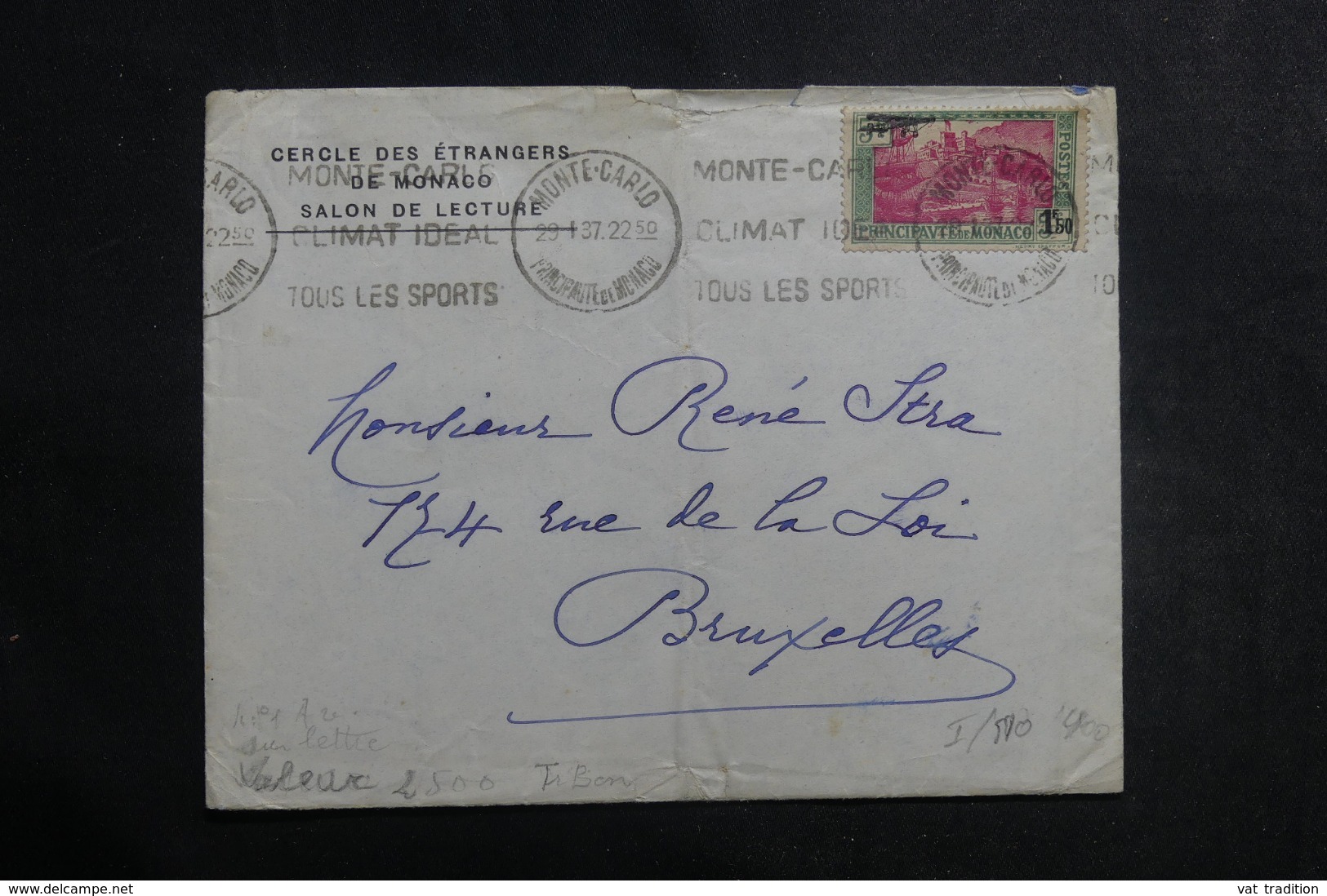 MONACO - Affranchissement PA 1 Sur Enveloppe Pour La Belgique En 1937 - L 42230 - Lettres & Documents