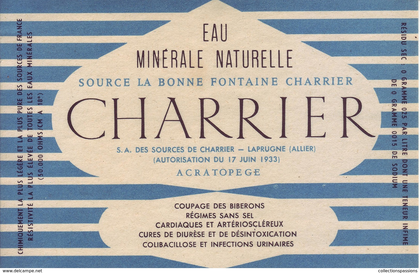 - Etiquette: Eau Minérale Naturelle. Source La Bonne Fontaine Charrier - Laprugne (Allier) - Modèle 1 - - Andere & Zonder Classificatie