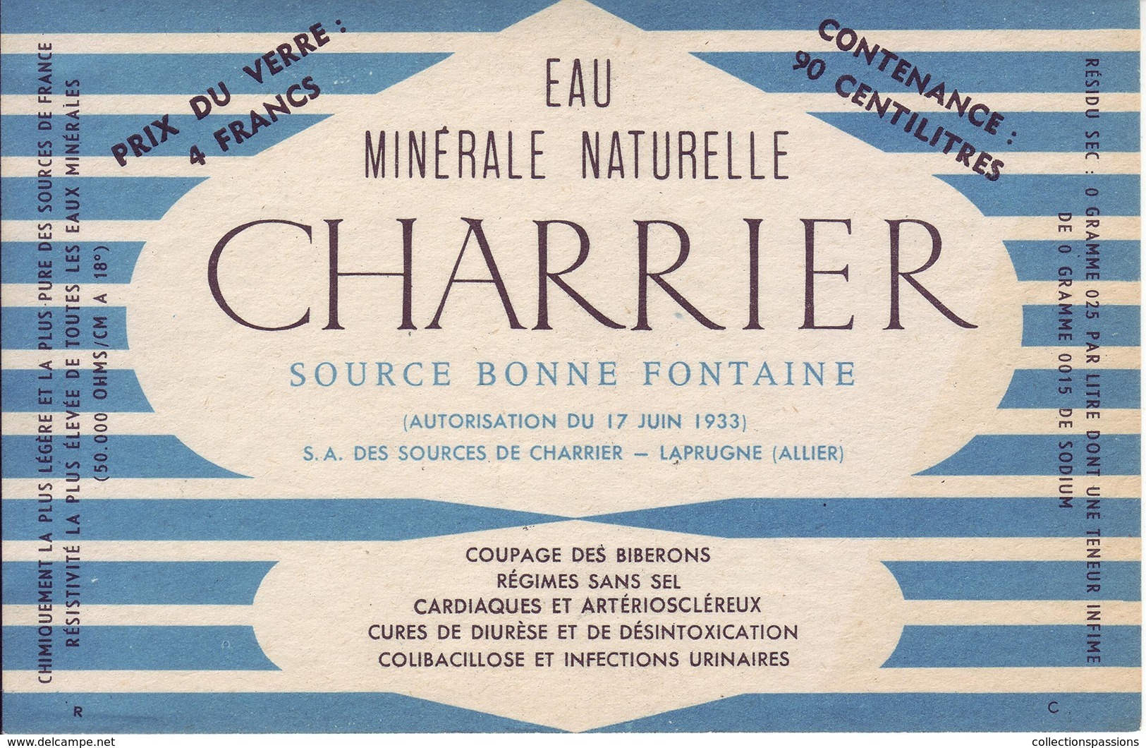 - Etiquette: Eau Minérale Naturelle. Charrier Source Bonne Fontaine - Laprugne (Allier) - Modèle 2 - - Andere & Zonder Classificatie