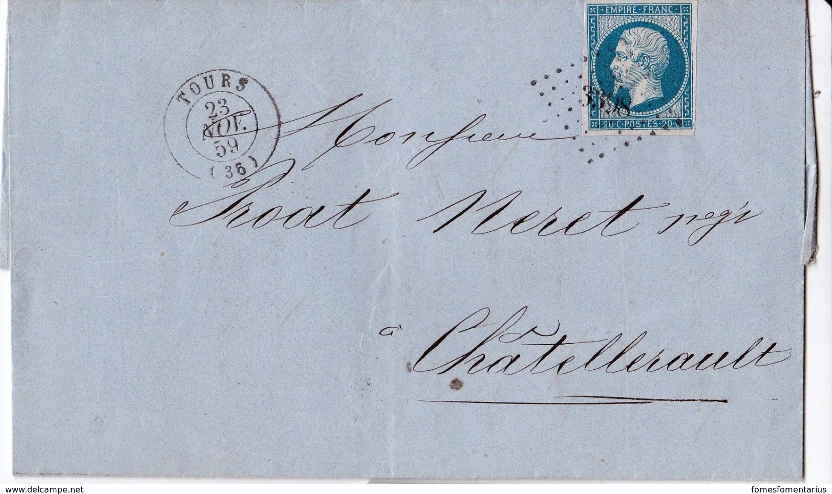 Lettre De Tour à Chatellerault, Oblitération Losange Peit Chiffres 3398 23 11 1859 - 1849-1876: Période Classique