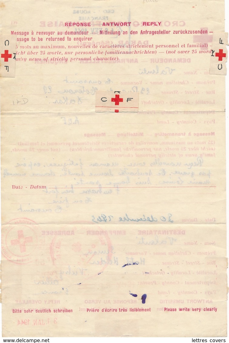 SENEGAL COMITÉ CROIX-ROUGE DE DAKAR - Formule Pour Vichy 30/12/43 - Redcross WW2 Comité Central AOF - Documents Historiques