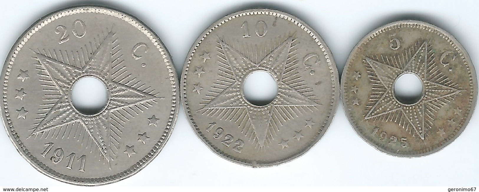Belgian Congo - Albert I - 5 Centimes (1925 - KM17) 10 Centimes (1922 - KM18) & 20 Centimes (1911 - KM19) - 1910-1934: Albert I