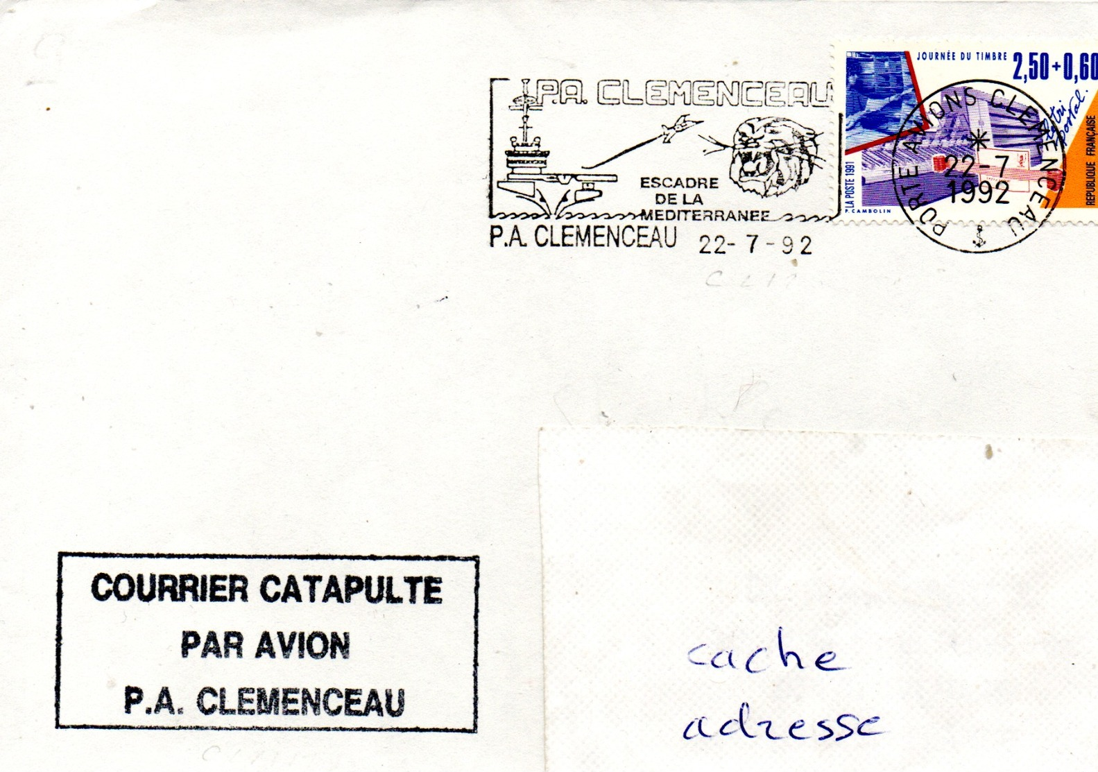 PORTE AVIONS CLEMENCEAU Courrier Catapulté Obl. Flamme Clémenceau 22/07/92 - Poste Navale