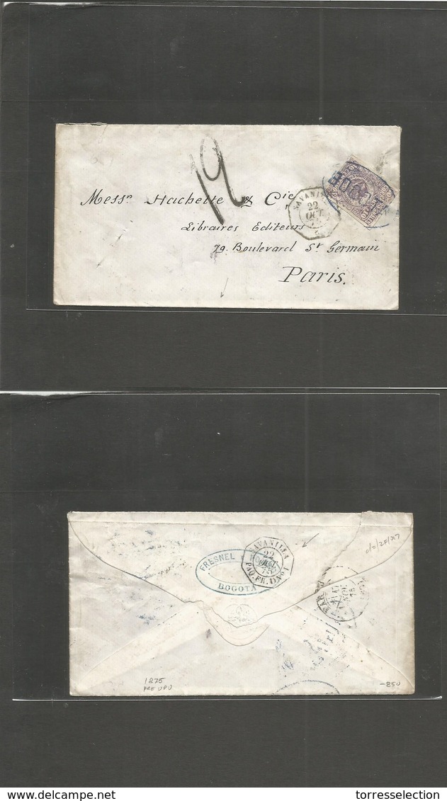 COLOMBIA. 1875 (22 Oct) Bogota - France, Paris (17 Nov) Complete Envelope Fkd 10c Lilac Correos Nacionales, Oval Blue "B - Colombia